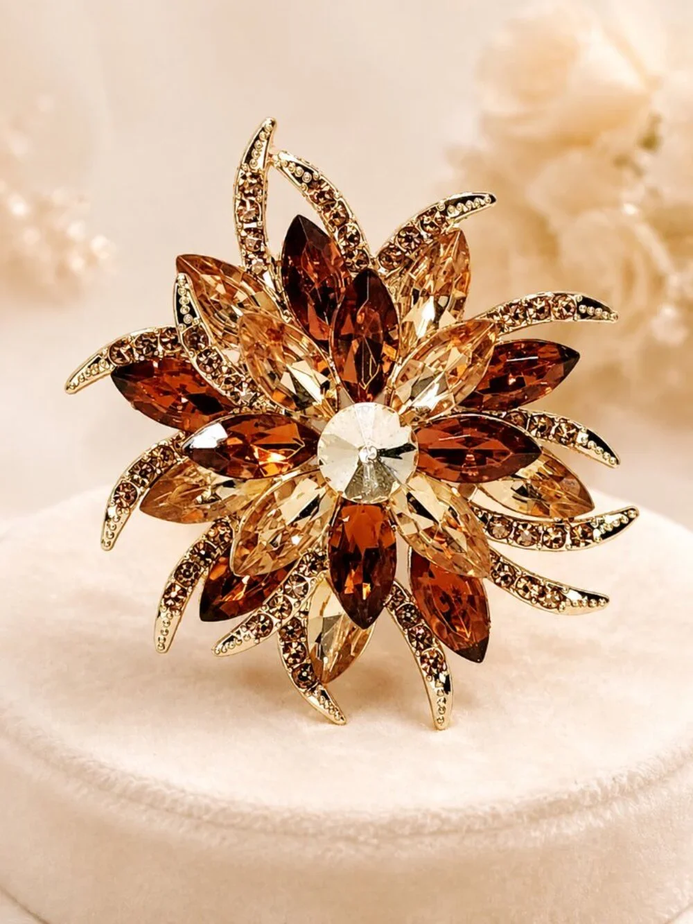 Gold-Tone Amber & Champagne Rhinestone Floral Starburst Statement Brooch